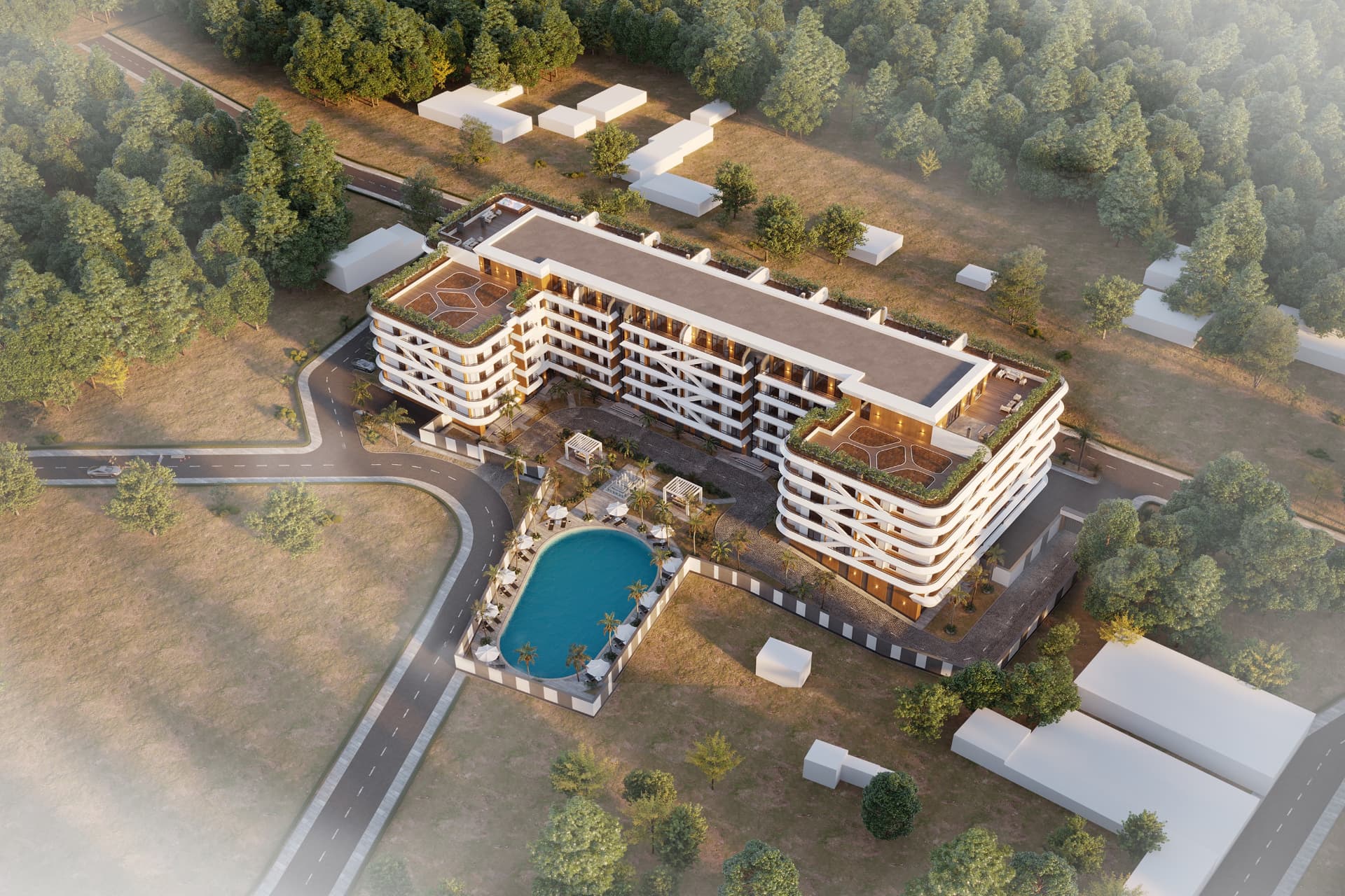 Aerial view of the two wings and pool