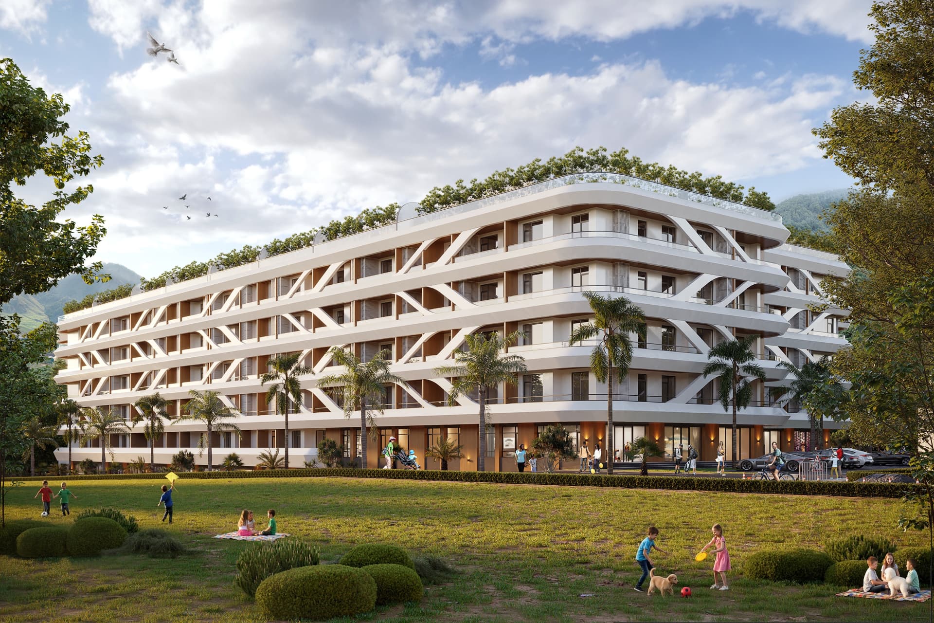 Oqtosh Marvaridi light facades in landscaped grounds